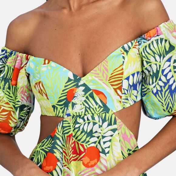 STAUD Dress Coliseum Tropical Printed Linen Cut Out Maxi Dress Multi Size 6 - Picture 5 of 13